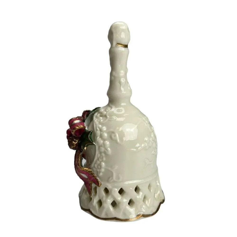 Vintage Beautiful White Ceramic Christmas Bell With Acorns and Holly